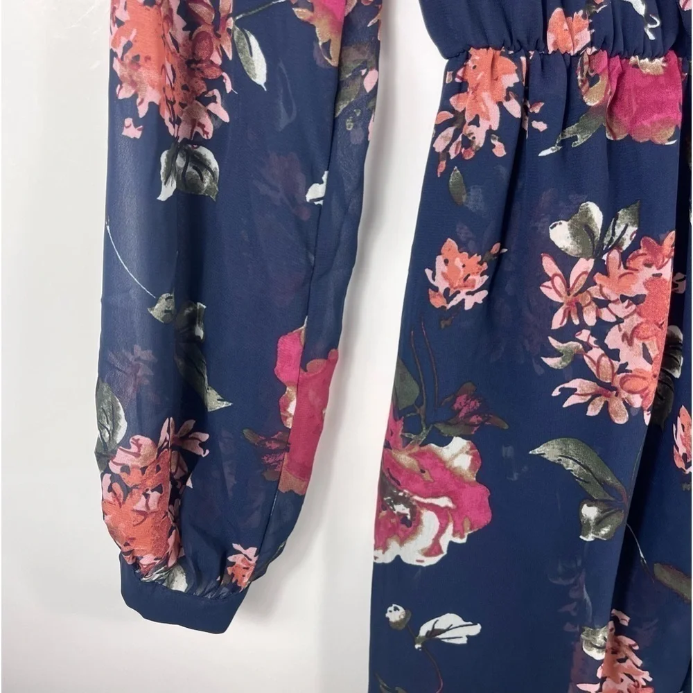 LULUS Pretty Pretender Navy Floral Wrap Dress Long Sleeve Dress WOMENS XS - Picture 7 of 10